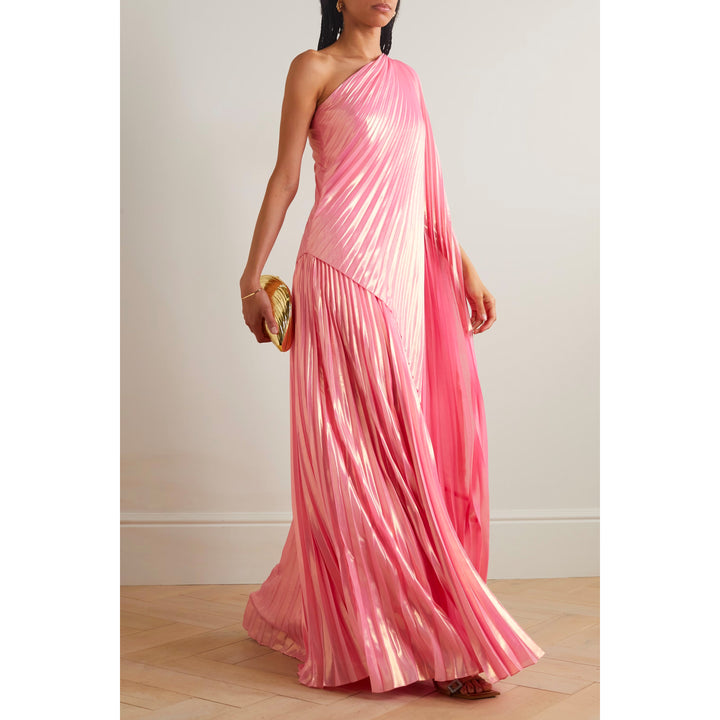 One-Shoulder Draped Plissé-Lamé Maxi Dress