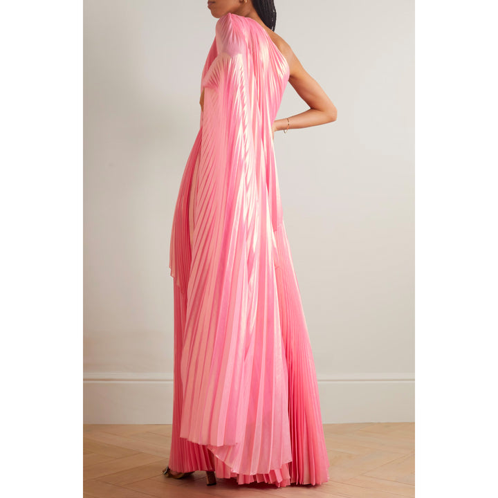 One-Shoulder Draped Plissé-Lamé Maxi Dress