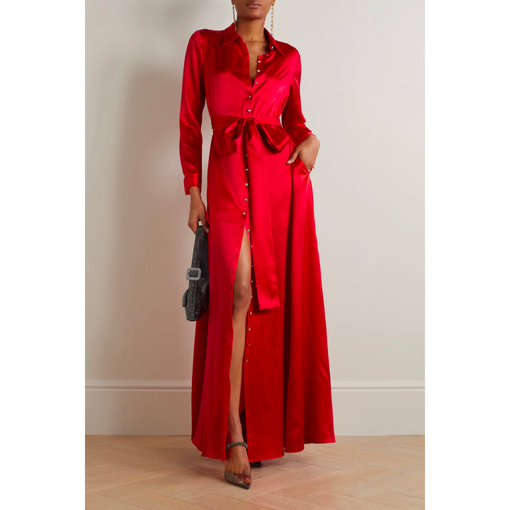 Belted Button Embellished Silk Shirt Dress