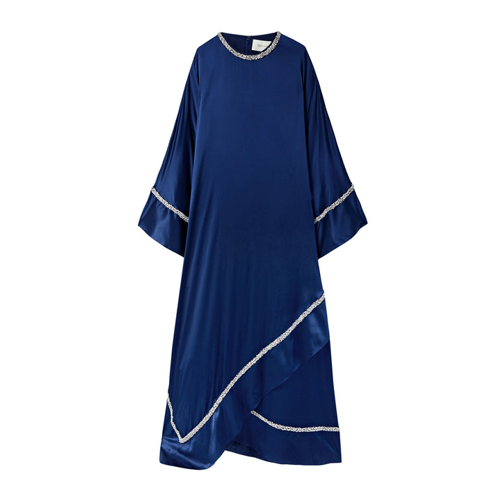 Crystal Embellished Silk Kaftan-Navy