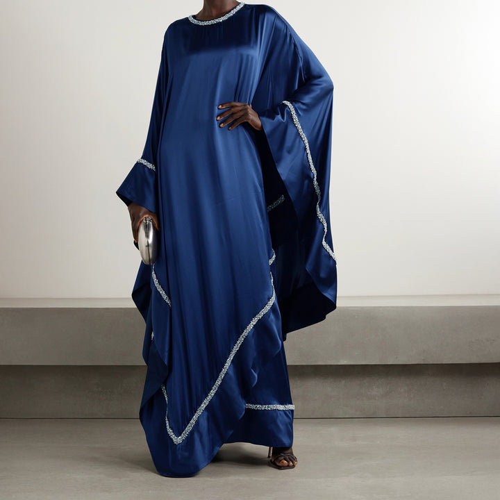 Crystal Embellished Silk Kaftan-Navy