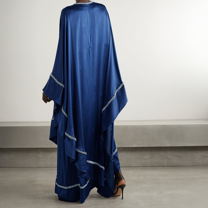 Crystal Embellished Silk Kaftan-Navy