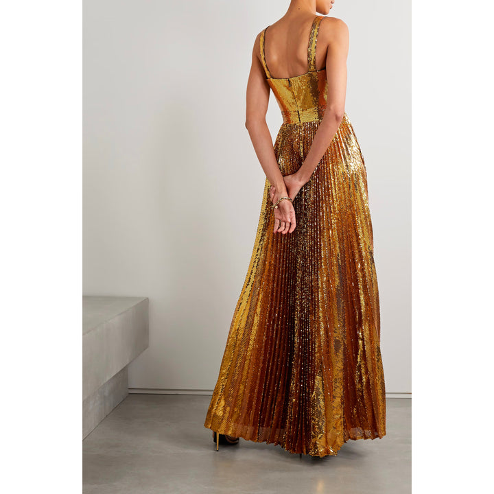 Model Wearing SemSem Pleated Gold Sequin Tulle Gown.