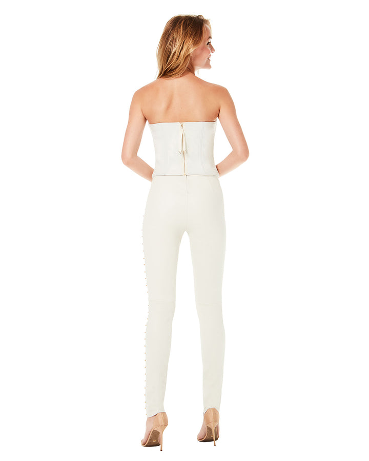 Model Wears SemSem Leather Bustier - Pristine White.