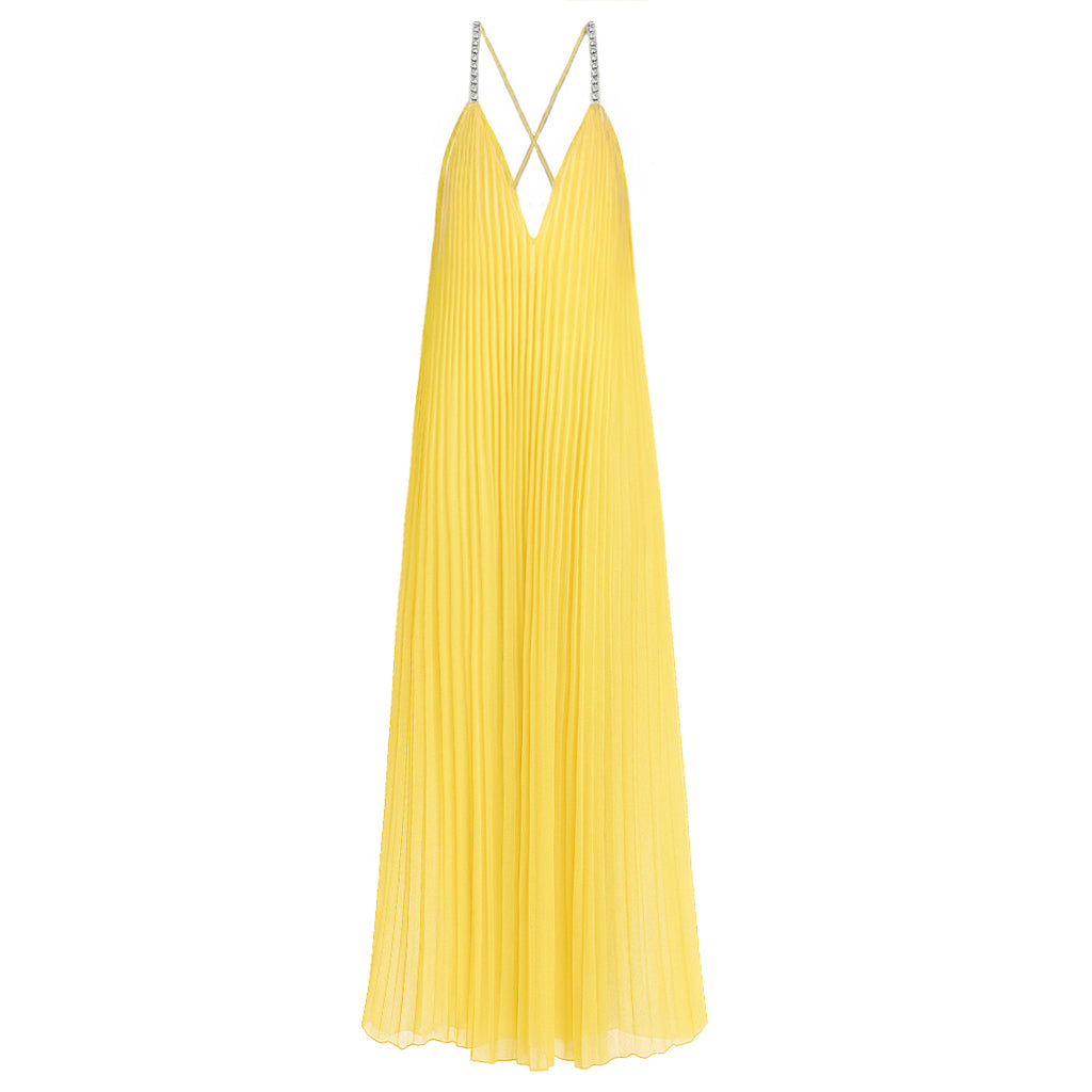 Crystal Embellished Yellow Plissé Gown, US 12