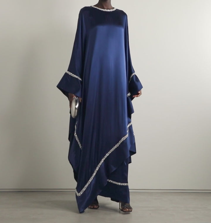 Crystal Embellished Silk Kaftan-Navy