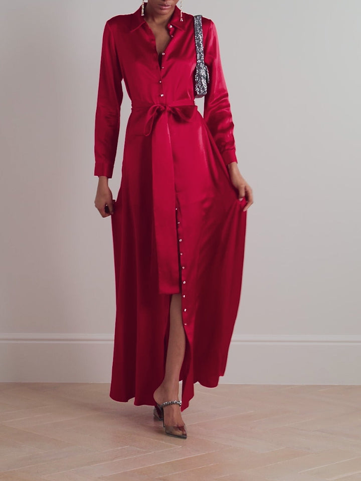 Belted Button Embellished Silk Shirt Dress