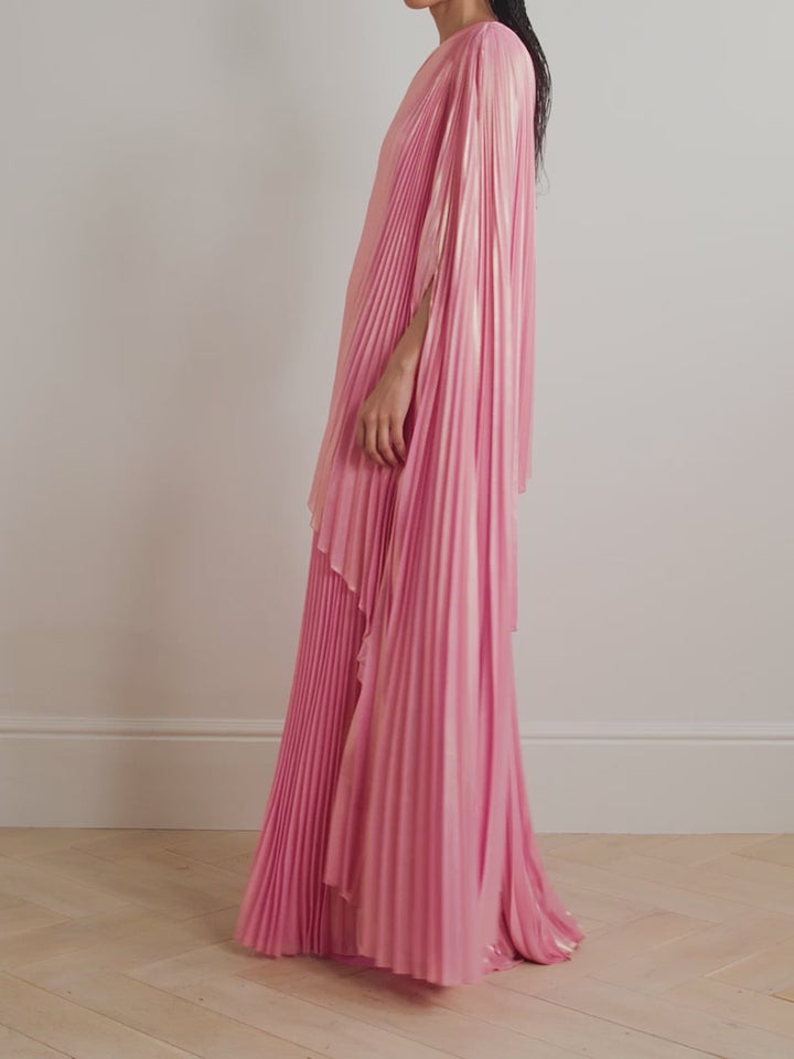 One-Shoulder Draped Plissé-Lamé Maxi Dress