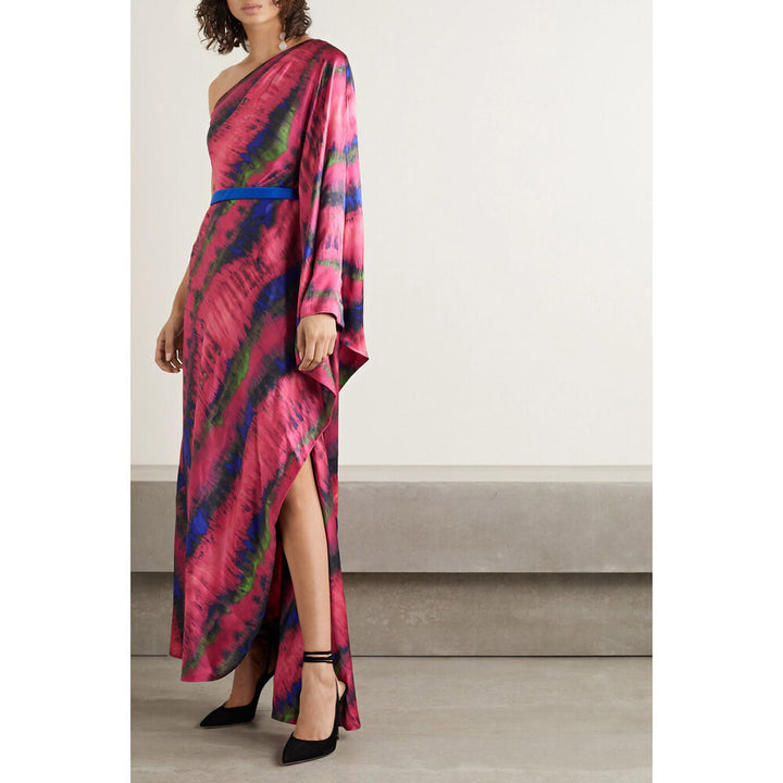 Model Wearing SemSem One-Shoulder Draped Tie-Dyed Silk-Satin Maxi Dress.
