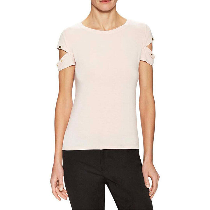 Model Wears SemSem Malak Gold Snap Top - Pale Blush.