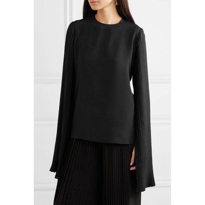 Model wears SemSem Pleated Crepe De Chine Top.