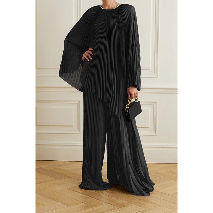 Model wears SemSem Plissé-Satin Wide-Leg Pants.