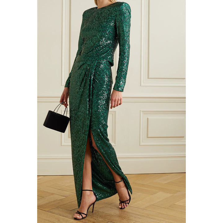Model wears SemSem Wrap-Effect Sequined Stretch-Tulle Midi Skirt.