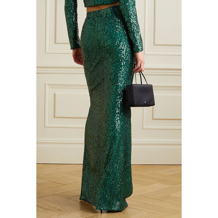 Model wears SemSem Wrap-Effect Sequined Stretch-Tulle Midi Skirt back.