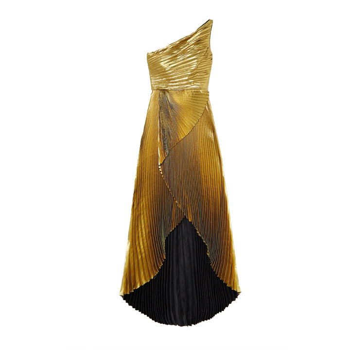 One Shoulder Pleated Gold Lam Gown, US 10 One Shoulder Pleated Gold Lam Gown, US 10
