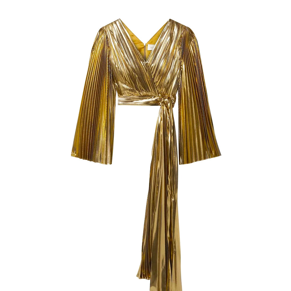 gold lame wrap dress SemSem - Cropped Wrap-effect Pleated Lamé Top - Gold