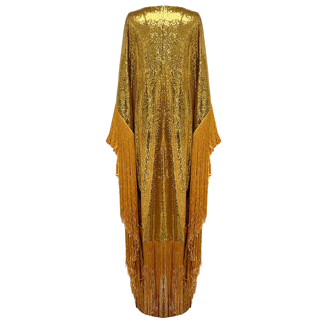 SemSem Gold Metallic Sequin Kaftan with Fringe.