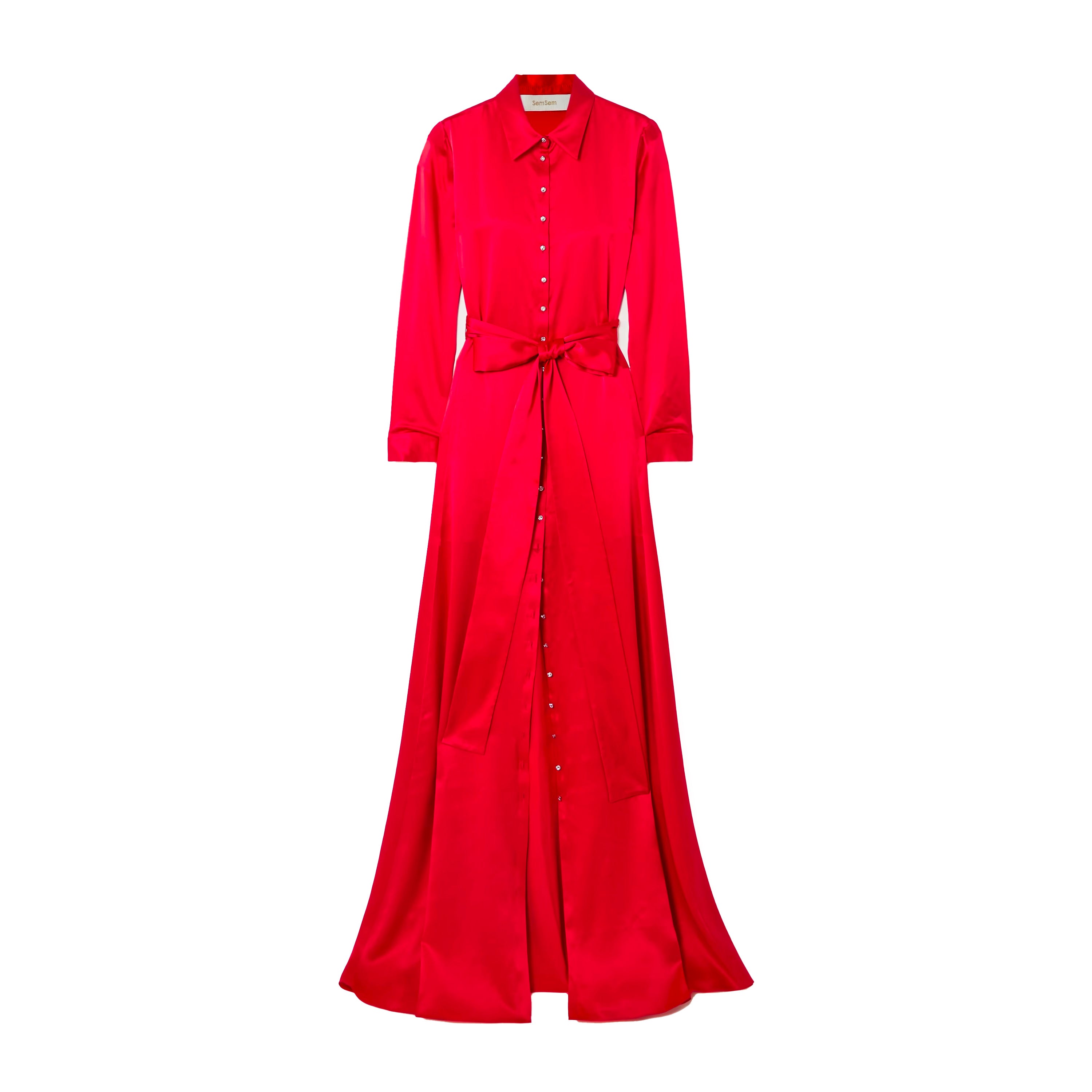 semsem Belted Button Embellished Silk Shirt Dress