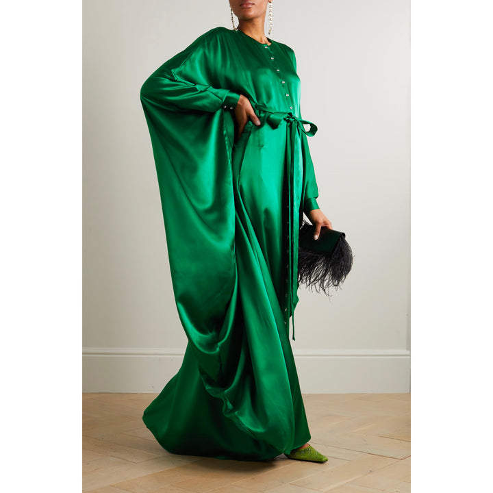 Belted Button-Embellished Silk Kaftan