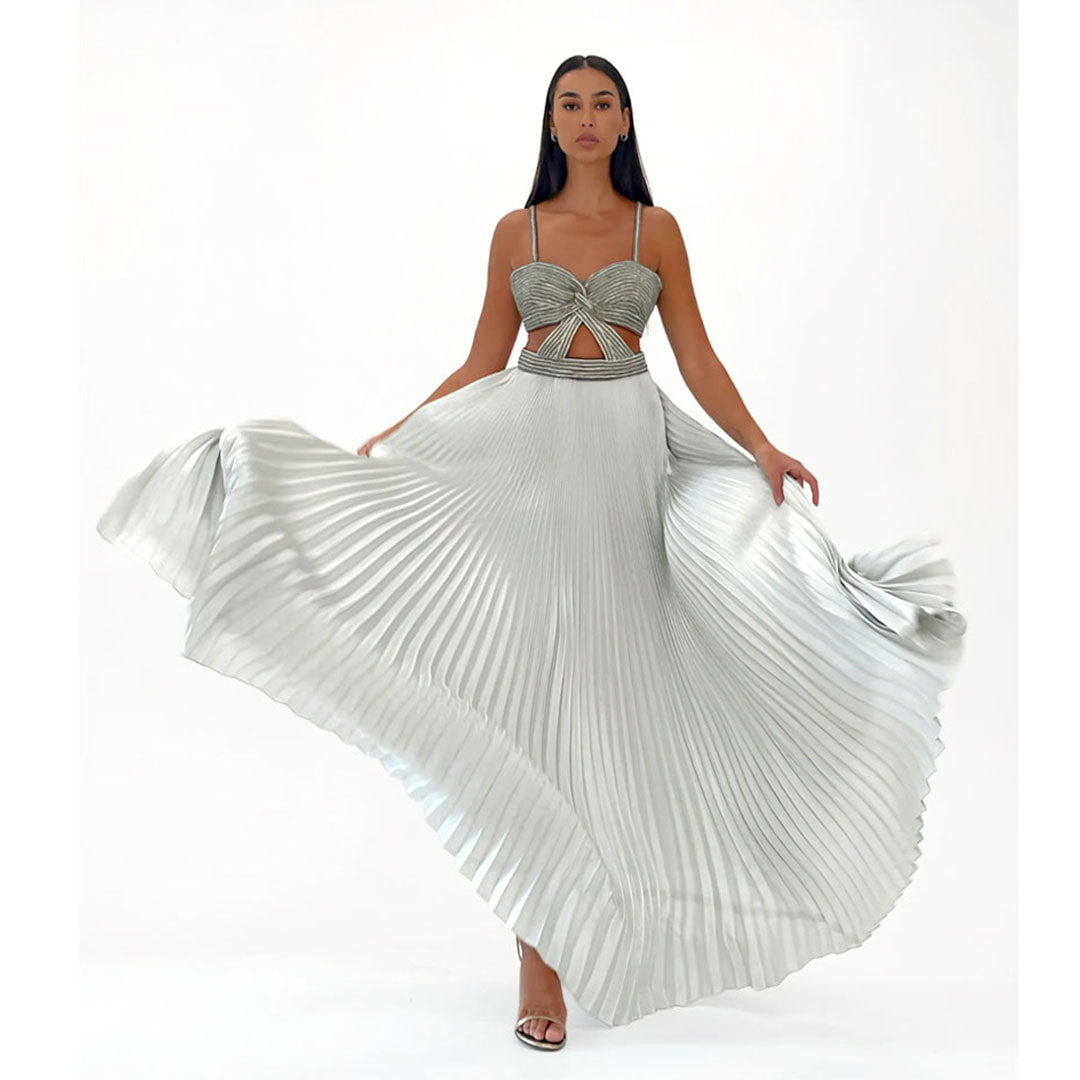 Pleated Silk/ Metallic Maxi Skirt