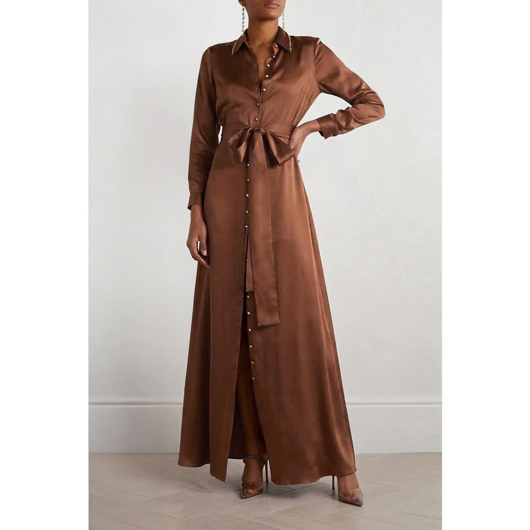 Silk Shirt Dress with Side Slits - Camel