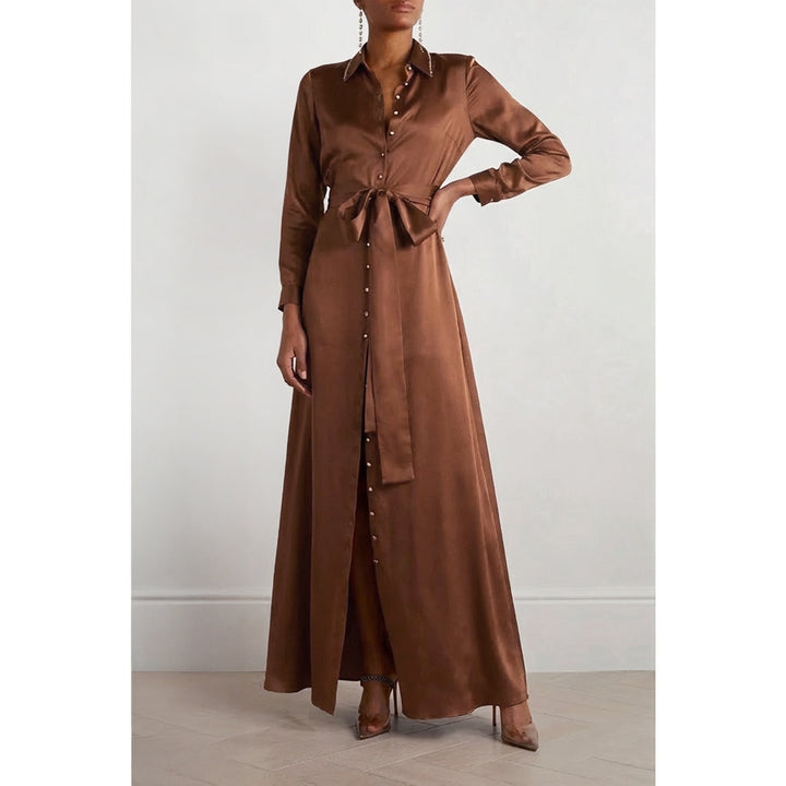 Silk Shirt Dress with Side Slits - Camel