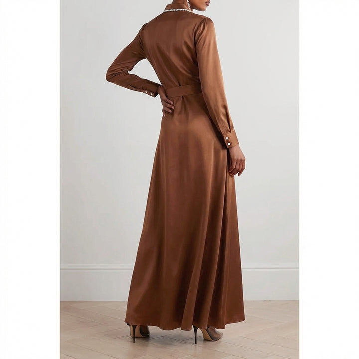 Silk Shirt Dress with Side Slits - Camel