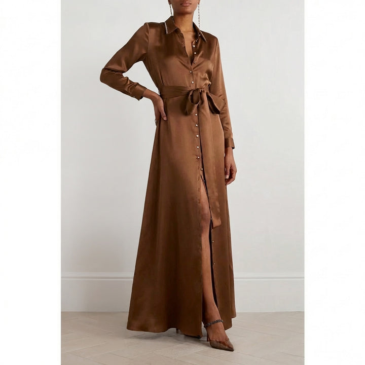 Silk Shirt Dress with Side Slits - Camel