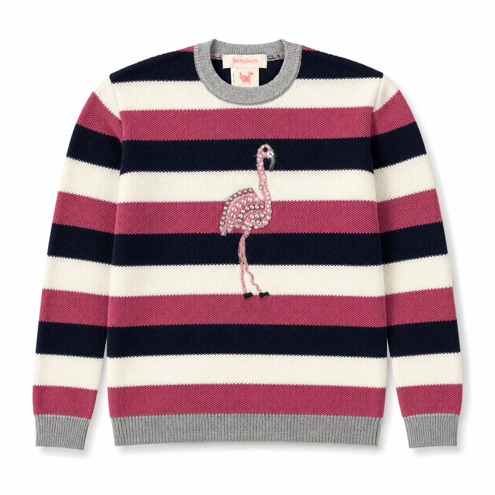 Girls Flamingo Embroidered Stripe Pull Over Top