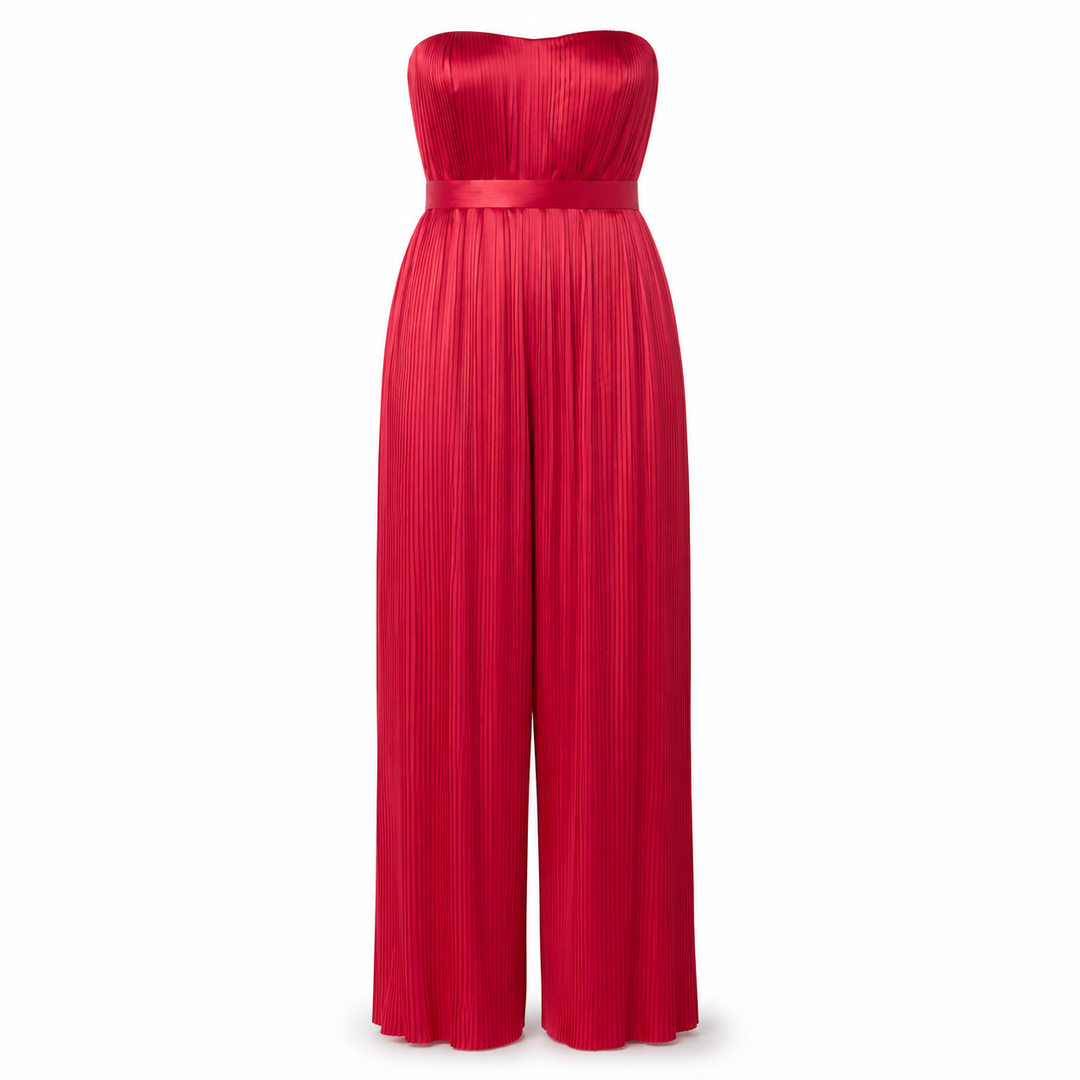 Strapless Belted Plissé Silk-Satin Jumpsuit