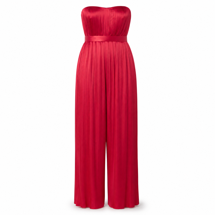 Strapless Belted Plissé Silk-Satin Jumpsuit