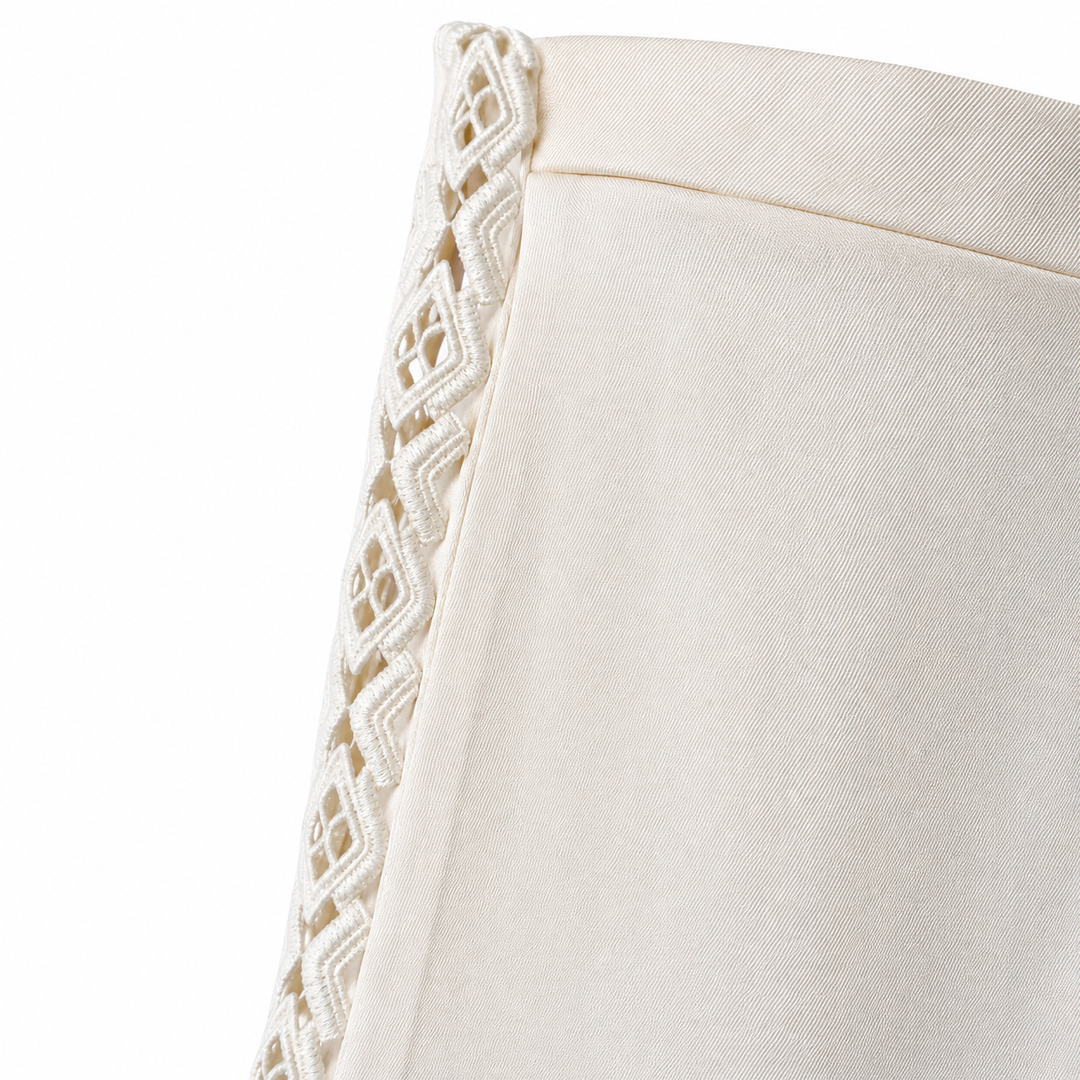 Cream Silk Wide Leg Pants with Lace Detail