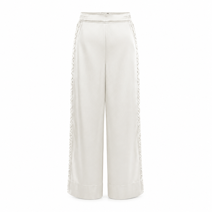 Cream Silk Wide Leg Pants with Lace Detail