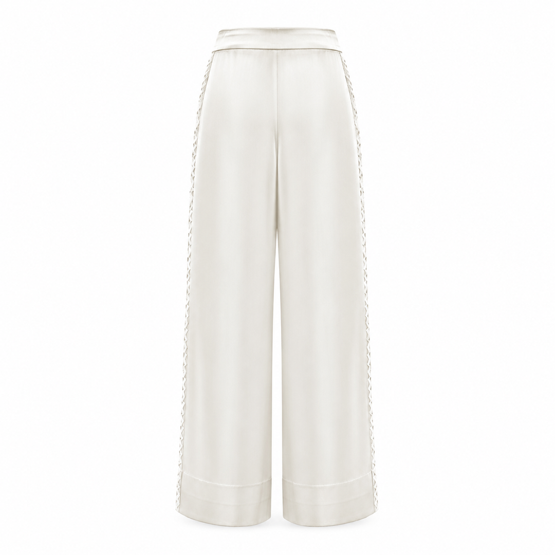 Cream Silk Wide Leg Pants with Lace Detail