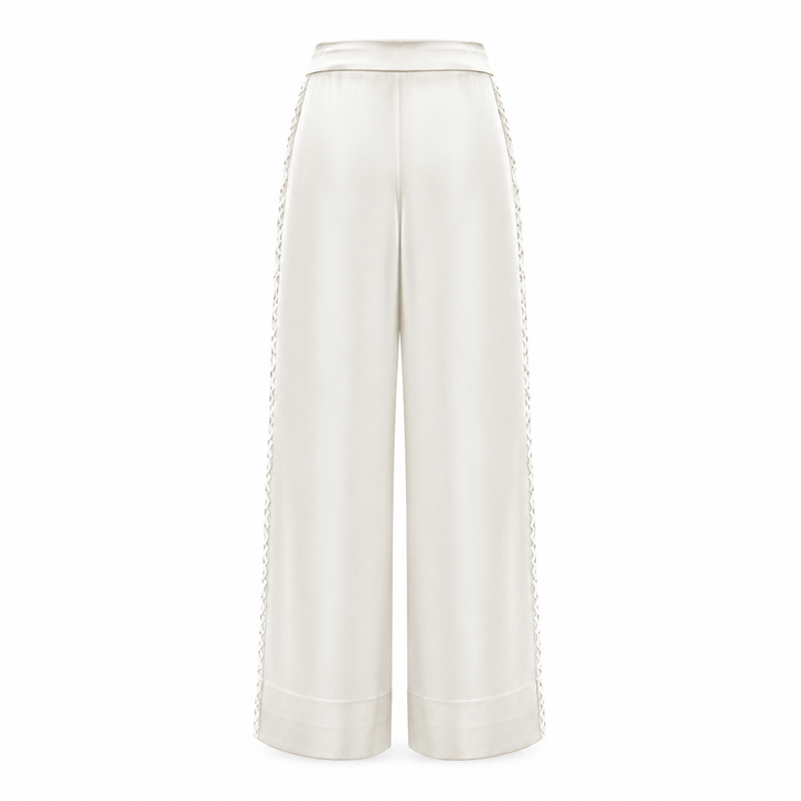 Cream Silk Wide Leg Pants with Lace Detail