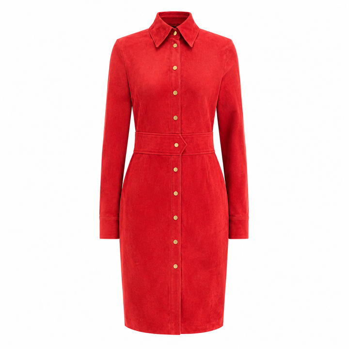 Hanna Suede Shirt Dress - Haute Red