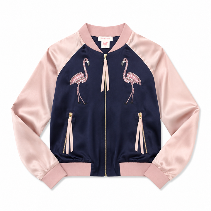 Girls Bomber Jacket with Flamingo
