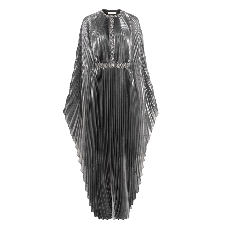 Embellished Silver Plissé Kaftan Dress
