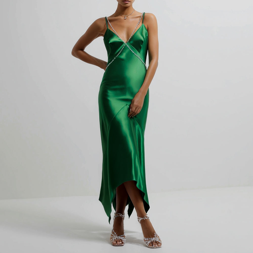 Emerald Crystal Embellished Silk Dress