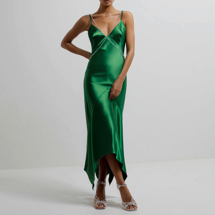 Emerald Crystal Embellished Silk Dress