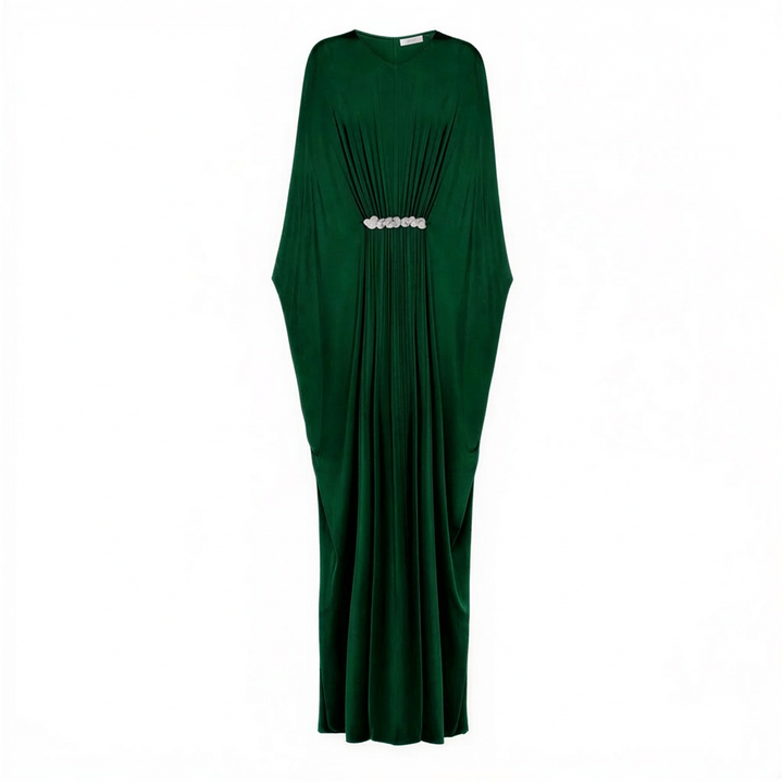 Gathered Viscose Jersey Kaftan Dress - Emerald