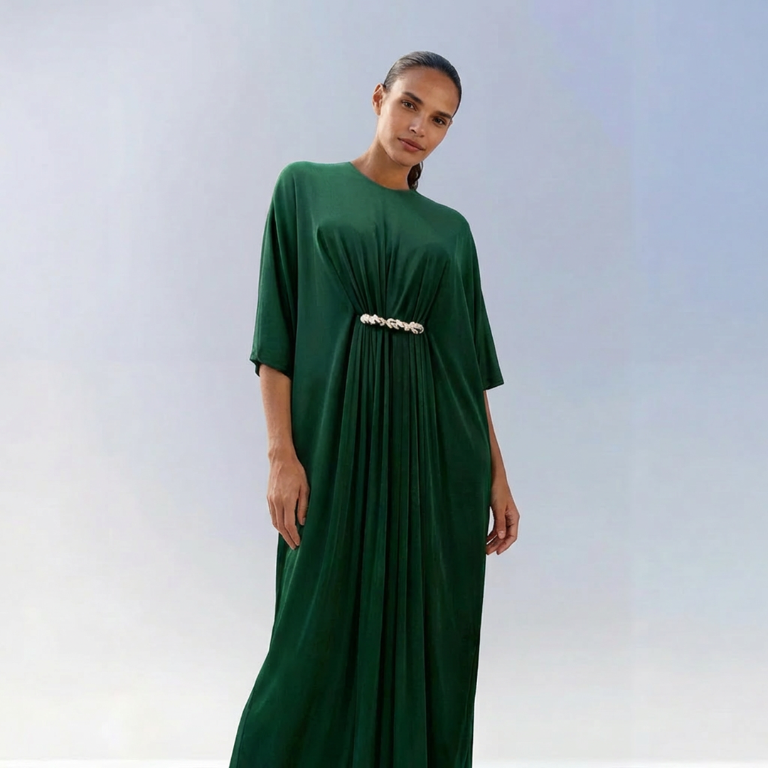 Gathered Viscose Jersey Kaftan Dress - Emerald