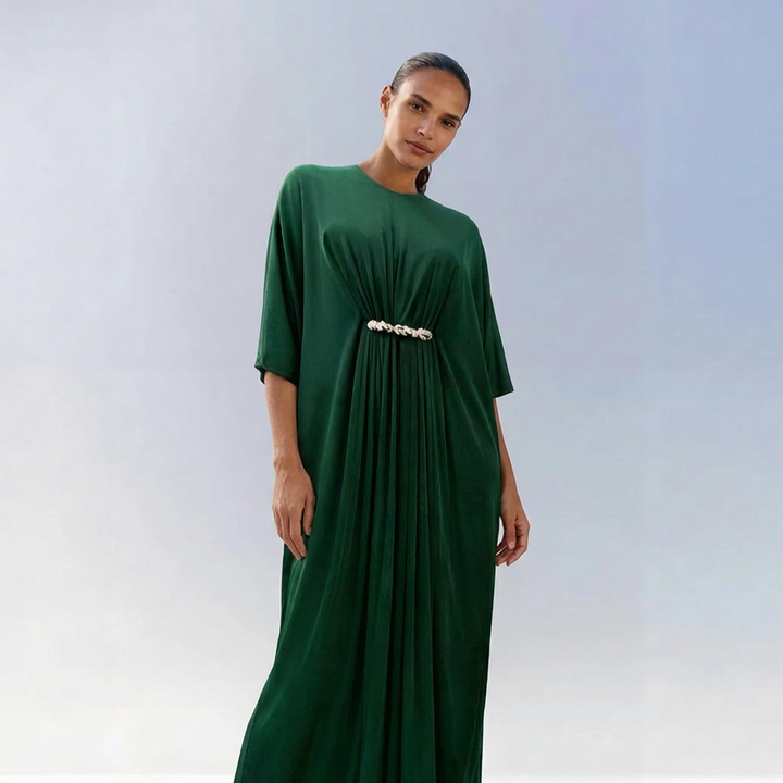 Gathered Viscose Jersey Kaftan Dress - Emerald