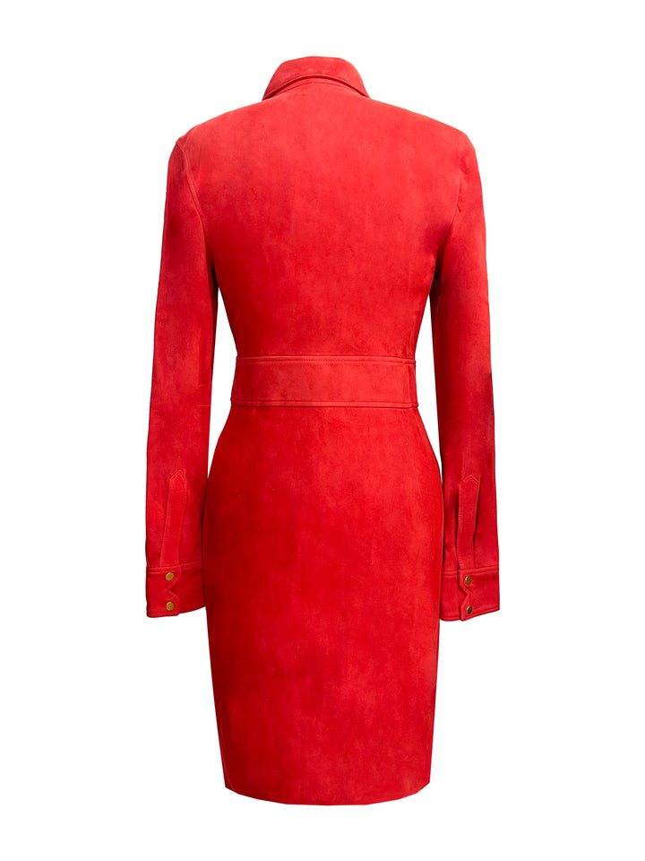 Hanna Suede Shirt Dress - Haute Red