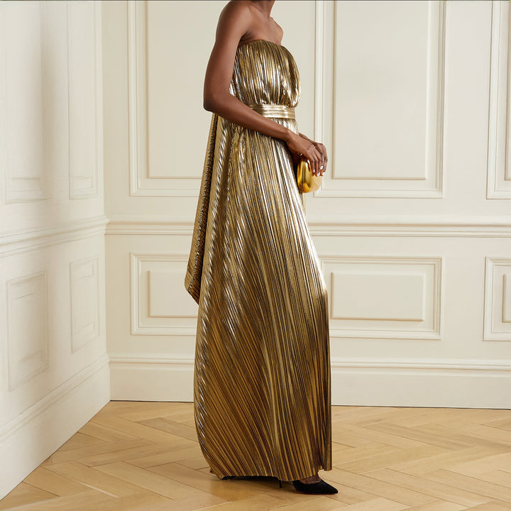 Gold Belted Draped Pleated Lamé Gown
