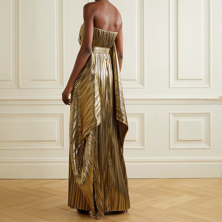 Gold Belted Draped Pleated Lamé Gown