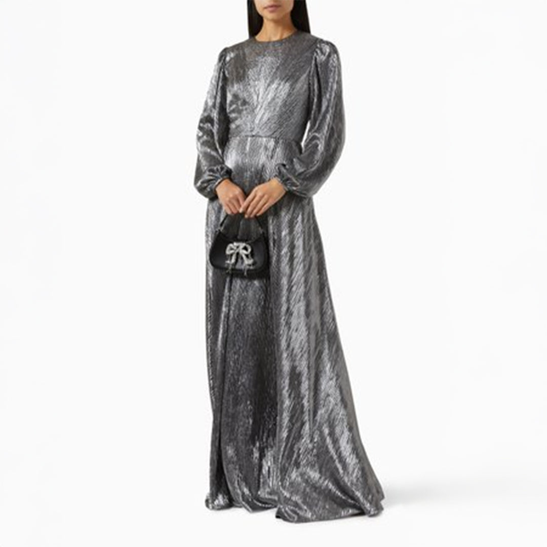 silver metallic maxi dress Silver Metallic Maxi Dress, US 10