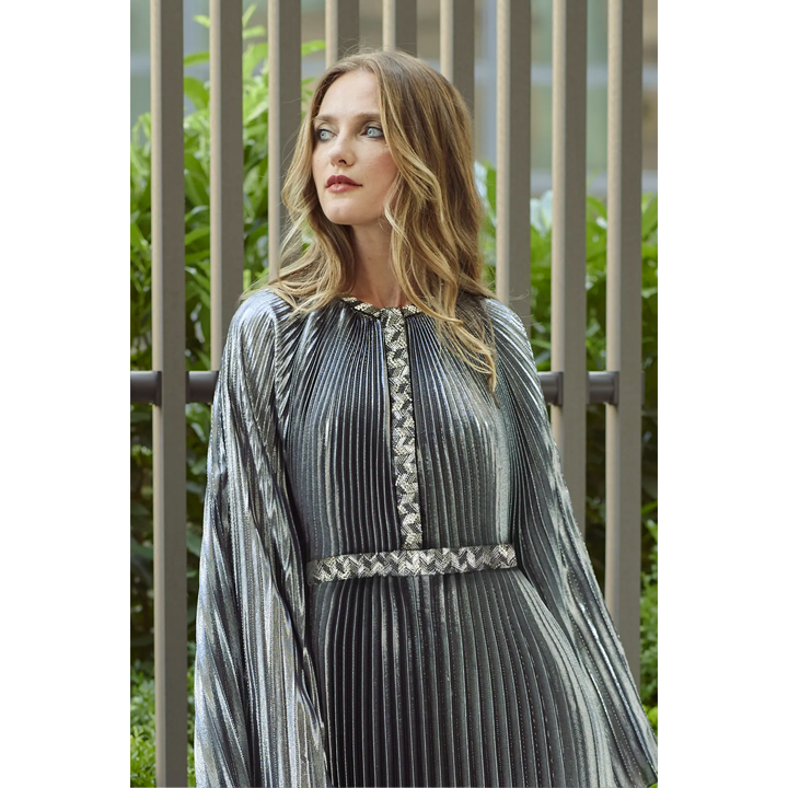 Embellished Silver Plissé Kaftan Dress
