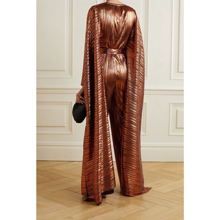 Model Wearing SemSem Bronze Belted Plissé Jumpsuit.