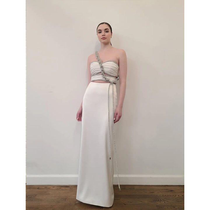 Model Wearing SemSem Long Maxi Skirt with Back Slit.